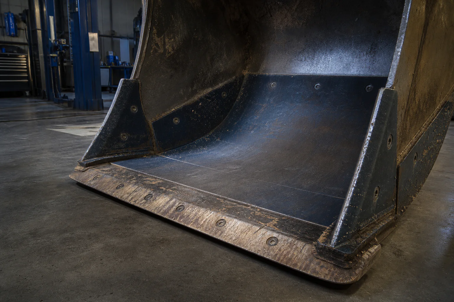 Concept view of a worn excavator bucket with replaceable blue-black liners and a prepared cutting edge in a workshop.