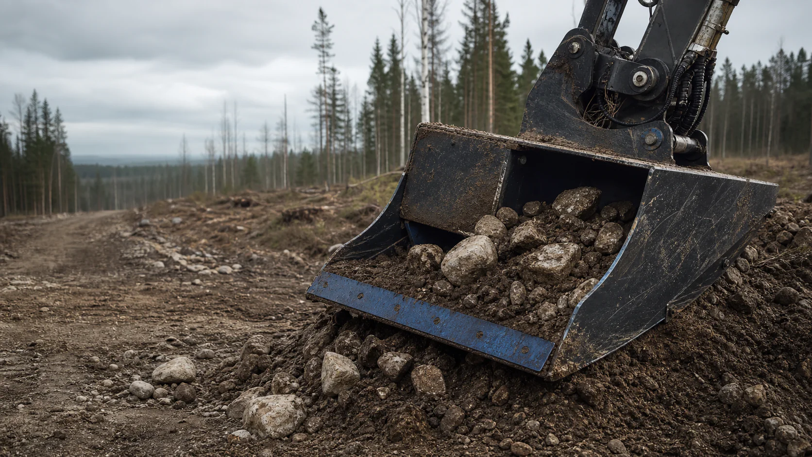 Concept view of a ground-engaging attachment with a blue wear edge working in stony Nordic mineral soil.