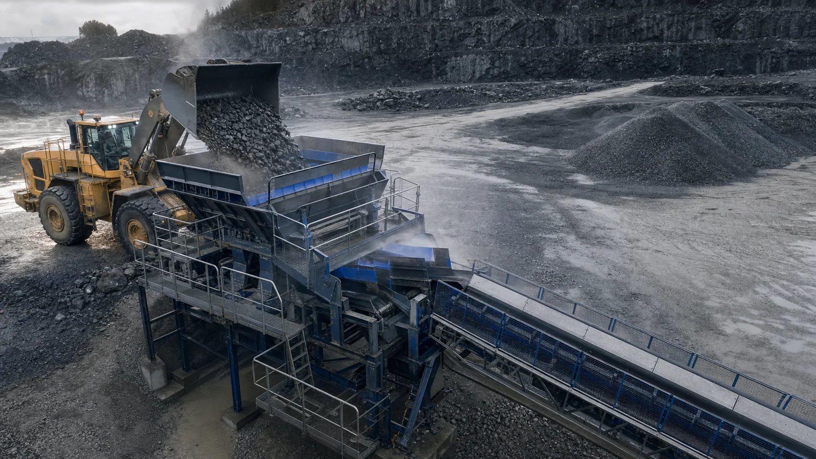 High-angle concept view of a loader feeding rock into a guarded quarry hopper and conveyor.