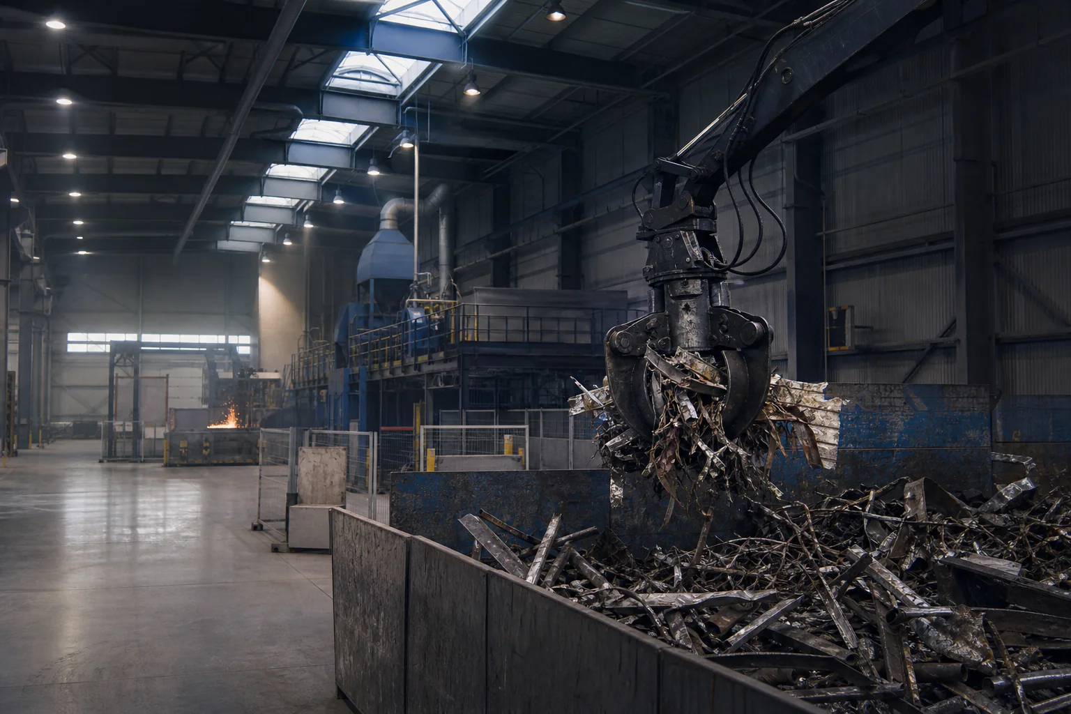 Concept view of a hydraulic grapple sorting ferrous scrap inside a guarded modern recycling hall.
