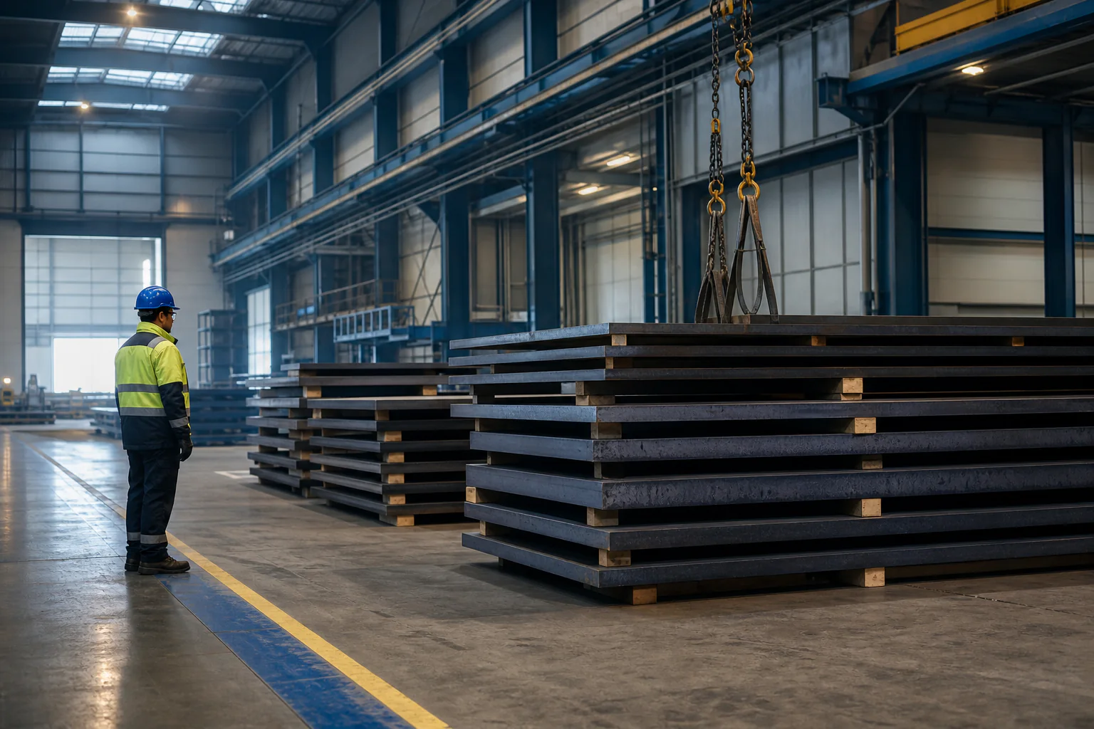 Concept view of stable dark steel plate stacks on dunnage inside an orderly hall with a safe lifting zone.