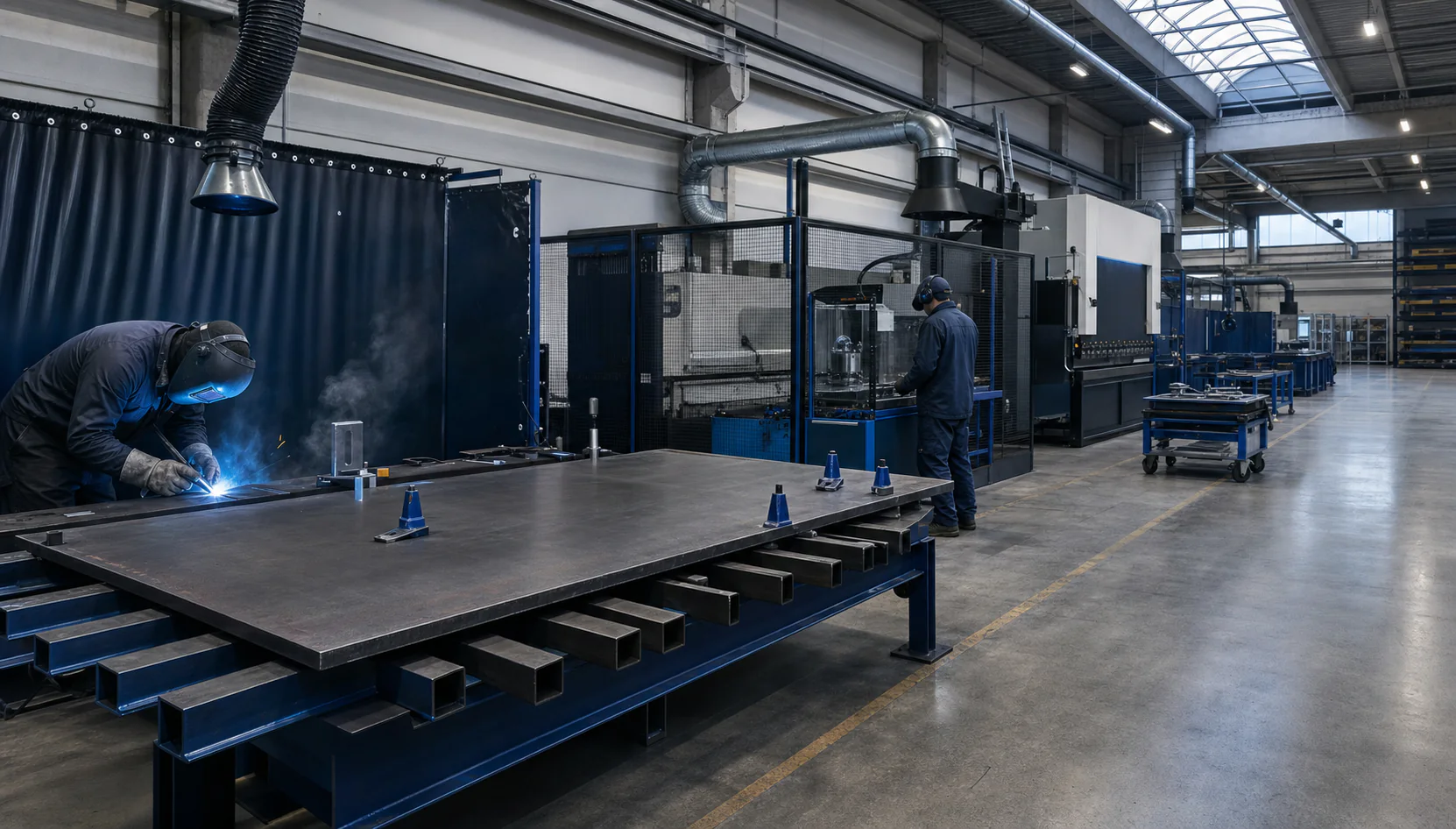 Concept view of a safe fabrication bay with separated welding, cutting, bending and machining stations.